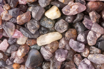 decorative pebble, polished colorful stones, closeup flat lay, background