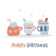 Tree cups and mugs of tea, coffee or chocolate with cream and candy cane. Christmas, New Year greeting card, invitation temlate. Handwritten text - Merry Christmas. Vintage vector illustration.