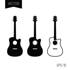Set of black vector icons, logo or tiny tattoo. Street gangsta and romantic style. Sketch acoustic guitar.