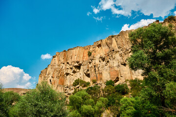 Canyon photo, huge stones and sky background in ihlara valley canyon (ihlara vadisi)