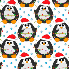 Seamless vector pattern with cute cartoon penguin in Santas hat and garland