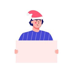 Banner with people, men  holding empty placard for Christmas sale . Vector illustration in cartoon trendy style.vector for advertisement, coupon or voucher