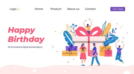 Happy birthday landing page template. Promotion of online shop bonus or reward. Modern flat vector illustration for advertisement. Seasonal discount website sale banner with people