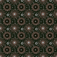 Seamless geometric pattern of mandalas, circles. A light ornament on a dark background, hand-drawn. Retro style. Design of the background, interior, wallpaper, textiles, fabric, packaging.