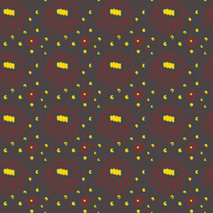 Botanical seamless pattern of red and yellow flowers on a gray background. Hand-drawn ornament. Design of template, fabric, textile, wallpaper, background.