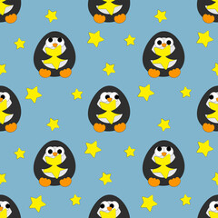 Seamless vector pattern with cute cartoon penguin with stars