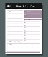 Daily planner template. Blank notebook page isolated on grey. Business organizer page. Paper sheet.