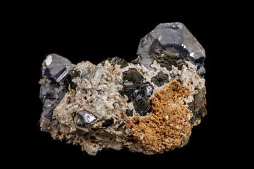 Macro stone mineral Galena on a black background