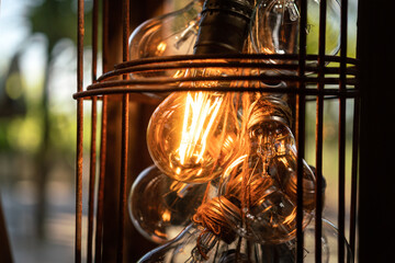 Fototapeta na wymiar A bunch of classic style lightbulb, one is glowing in warming light shade which is used for Chirtmas holiday decoration. Interior equipment object photo. Close-up and selective.