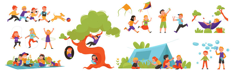 Obraz na płótnie Canvas Summer Children Playing Activity Color Icon Set