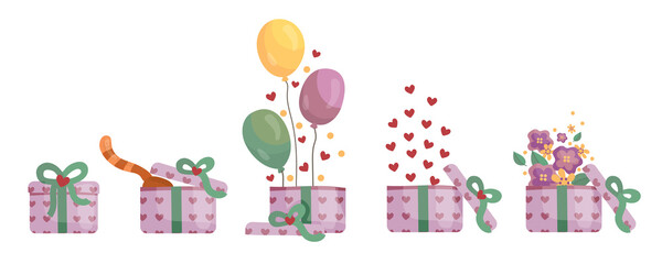 gift box vector sat with balloon, flowers, cat, hearts ornament suitable for birthday parties, valentine's day, surprise gift boxes
