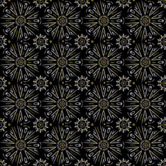 Seamless geometric pattern of mandalas, circles. A light ornament on a dark background, hand-drawn. Retro style. Design of the background, interior, wallpaper, textiles, fabric, packaging.