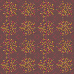 Seamless geometric pattern of mandalas, circles. Beautiful yellow ornament on a red background, hand-drawn. Retro style. Design of the background, interior, wallpaper, textiles, fabric, packaging.