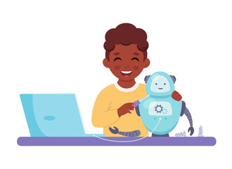 Little black boy creating a robot. Robotics, programming and engineering for kids. Vector illustration