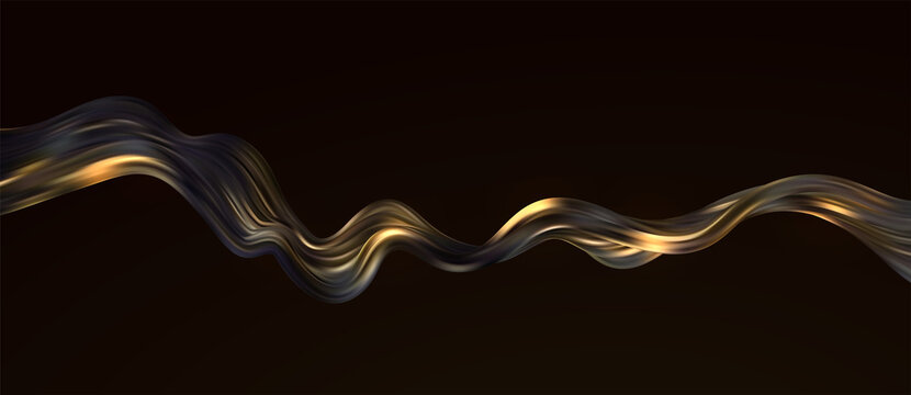 Abstract Waves. Shiny gold moving lines design element on dark background for greeting card and disqount voucher.