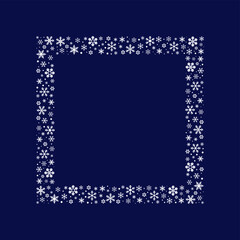 Square frame made of white snowflakes on a dark blue background. Vector illustration, flat minimal cartoon color design, isolated, eps 10.