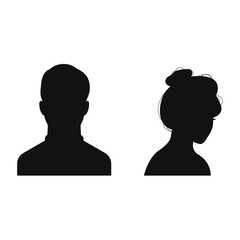 Black silhouette of a woman and a man. Head, neck, shoulders. Full face and profile. Vector illustration, flat minimal design, isolated on white background, eps 10.