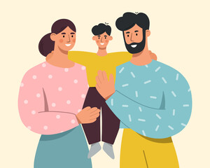 Happy family with a cute little son. Young mother and father holding their beloved baby in their arms. Love and care for loved ones. Flat vector illustration.