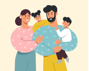 Obraz premium Happy family with lovely kids. Young mother and father holding their beloved children in their arms. Son and daughter hug their parents. Love and care for loved ones. Flat vector illustration.