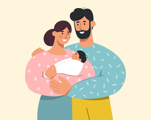 Happy family with cute baby. Young mother and father holding their newborn child in arms. Love and care for loved ones. Flat vector illustration.