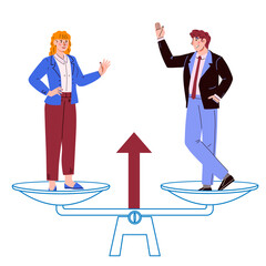 Gender equality and equal rights, equal income and career opportunities for men and women. Man and woman on scales, cartoon flat vector illustration isolated on white background.