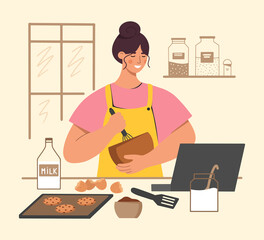 Young woman bakes delicious chocolate chip cookies. Girl watching cooking masterclass on a laptop. Preparing a tasty dessert for the family in the kitchen. Flat vector illustration.