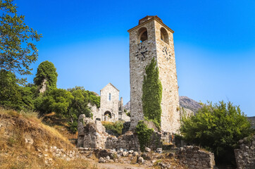 Fototapeta na wymiar Ancient medieval tower and ruins in the old town of Bar, Montenegro, Balkans