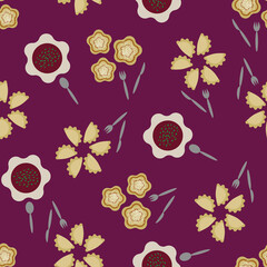 Fototapeta na wymiar Vector purple abstract Eastern European food flowers seamless pattern. Playful, bold and funny. Perfect for fabric, wallpaper, scrapbooking and stationery. Surface pattern design.