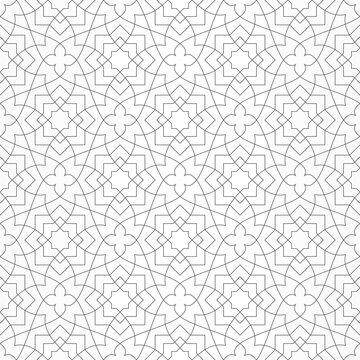 Seamless geometric pattern with stars and stylized flowers on white background. Monochrome abstract floral design. Decorative lattice in Arabic style. Ornament for textile, fabric and wrapping.