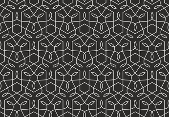 Pattern with intersecting wavy and straight white lines on black background. Seamless vector abstract design. Decorative lattice in Arabic style. Background for textile, fabric and wallpaper.