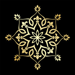Pattern with golden interlaced curve stripes, stylized flowers, stars and scrolls on black background. Eight pointed circular abstract Mandala. Blurred Round vector ornament in Arabesque style.