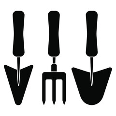 Gardening tools set of trowels and hand fork negative outline simple minimalistic flat design vector illustration isolated on white background