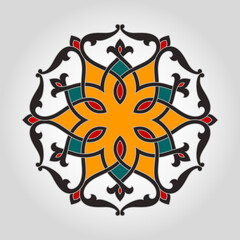 Pattern with multicolor interlaced curve stripes, stylized flowers, stars and scrolls. Eight pointed circular abstract Mandala. Round vector ornament in Arabesque style.