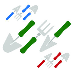Gardening tools three sets of garden equipment in different colours outline simple minimalistic flat design vector illustration isolated on white background
