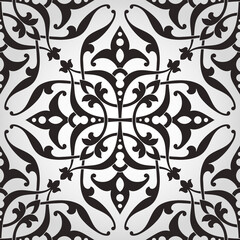 Pattern with stylized floral branches, flovwers and leaves on light background. Trendy seamless design for textile, fabric and wrapping in Arabic style. Monochrome vector Seamless ornament.