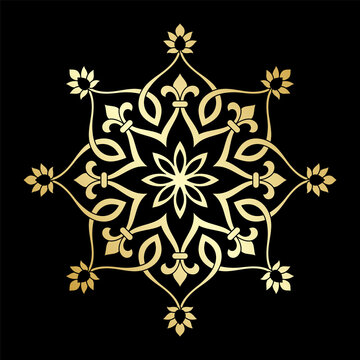 Pattern with golden interlaced curve stripes, stylized flowers, stars and scrolls on black background. Eight pointed circular abstract Mandala. Blurred Round vector ornament in Arabesque style.
