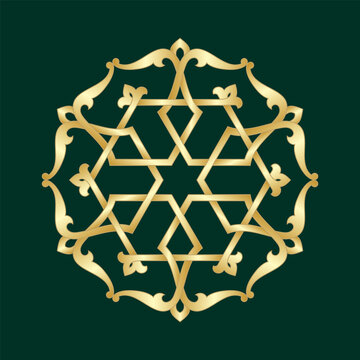 Pattern with interlaced golden straight stripes, stylized flowers, stars and scrolls on dark green background. Eight pointed circular abstract Mandala. Round vector ornament in Arabic style.