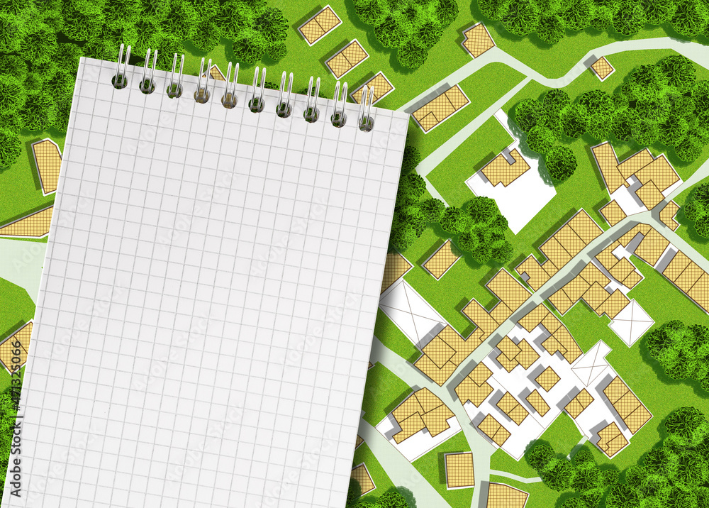 Poster imaginary cadastral map of territory with buildings, roads, land parcel and notepad with copy space