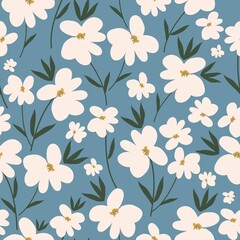 Seamless vintage pattern. Wonderful white flowers and green leaves on a blue background. vector texture. Fashionable print for textiles and wallpaper.
