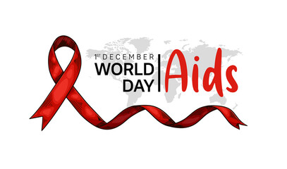 World AIDS Day with red ribbon and world map hand drawn style. Vector can be use for poster, campaign and banner