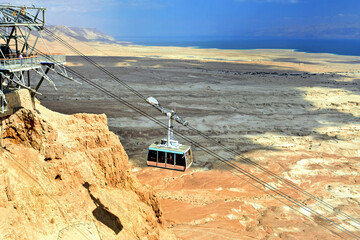 Cable car transporting tourists to the ruins of the zealot fortress.
 Masada National Park in the...