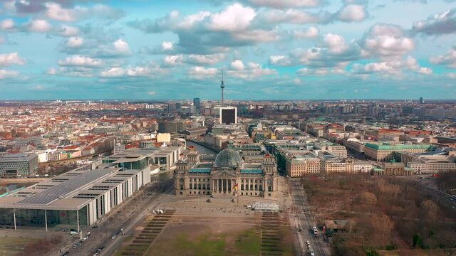 East Berlin Kreuzberg Oberbaumbruecke. Berlin drone video from sky, aerial berlin skyline view from above.