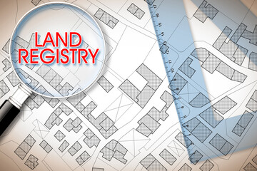 Imaginary cadastral map of territory with buildings, roads and land parcel - land registry concept illustration with plastic set square and magnifying glass