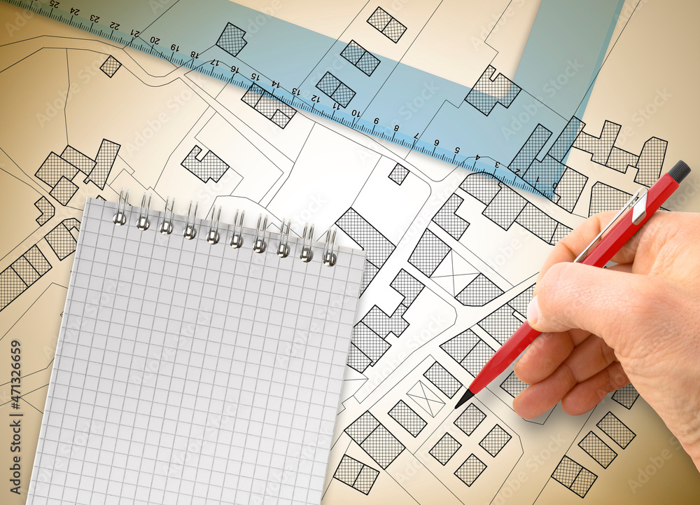 Aufkleber 3d rendering of colored work tool over a cadastral map of territ
