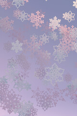 3D flying Christmas snowflakes on pastel violet background. Winter composition for New Year design, poster, greeting card. Festive vertical template