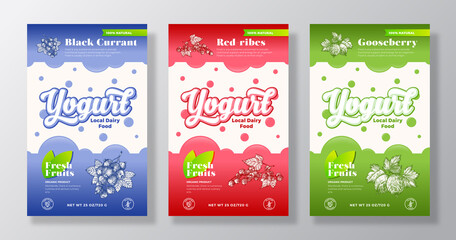 Fruits, Berries Yogurt Label Templates Set. Abstract Vector Dairy Packaging Design Layouts Collection. Modern Banner with Hand Drawn Black Currant, Red Ribes, Gooseberry Sketches Background. Isolated