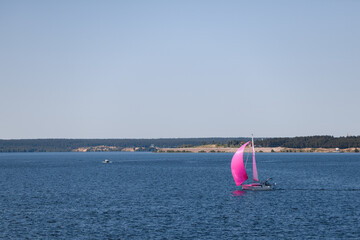 A boat with scarlet sails floats on the river