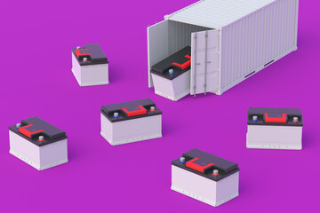 Car battery near metal container. Auto accumulator transportation. Delivery of cargo. Wholesale trade. International import, export. Purchase, sale of automotive parts. 3d render