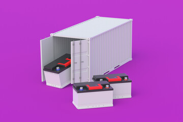 Car battery near metal container. Auto accumulator transportation. Delivery of cargo. Wholesale trade. International import, export. Purchase, sale of automotive parts. 3d render