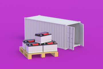 Car battery near metal container. Auto accumulator transportation. Delivery of cargo. Wholesale trade. International import, export. Purchase, sale of automotive parts. 3d render